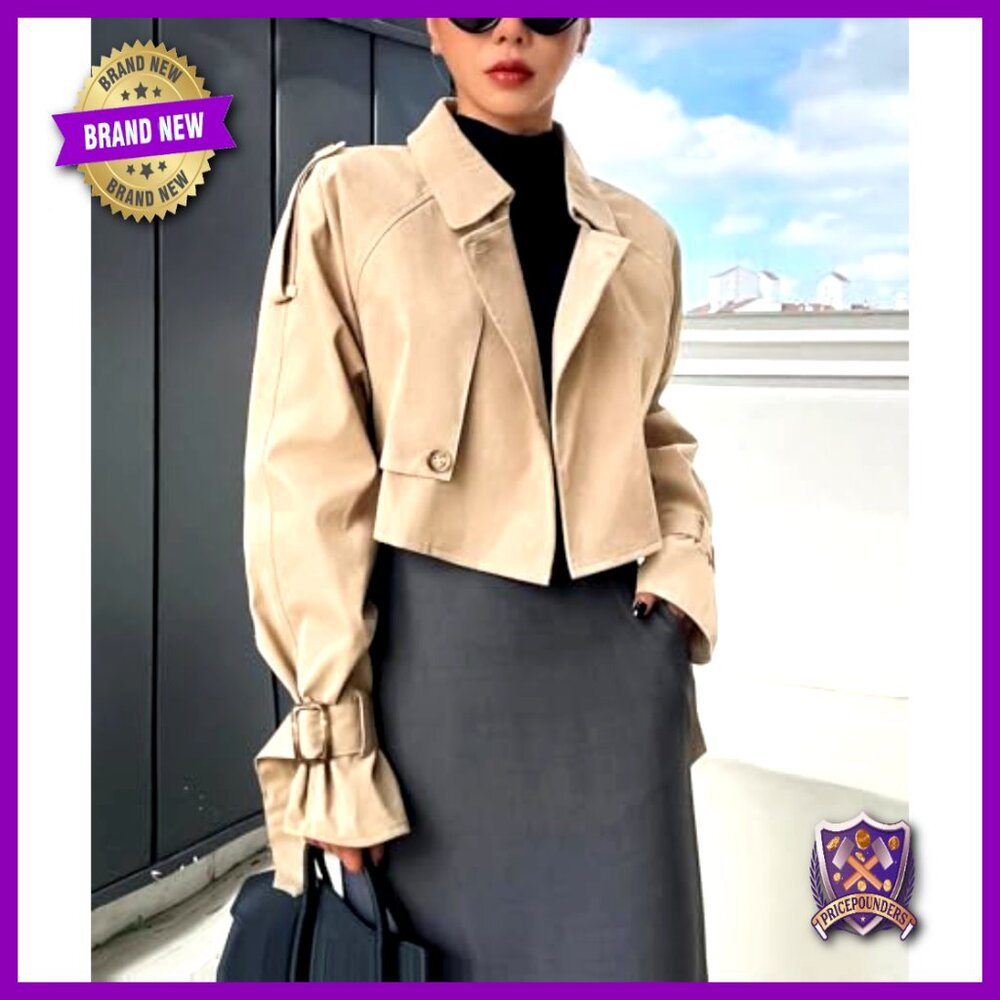 Cropped Trench Coat Classic Double-Breasted Lapel Y2K Chic Casual Outerwear - Picture 3 of 7